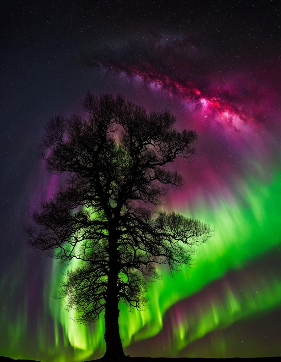 Lone Tree Silhouetted Against Aurora Sky