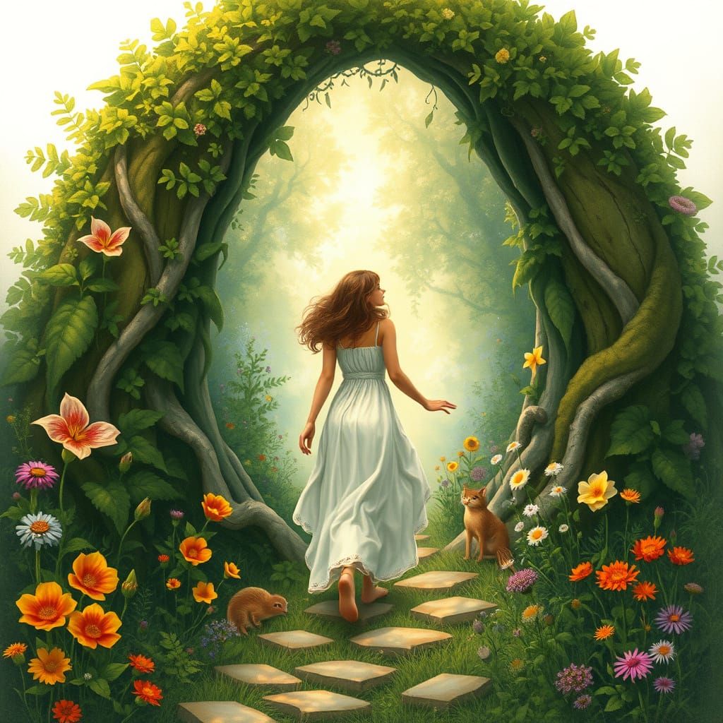 Woman's Journey Through a Fairy Portal: Art Nouveau