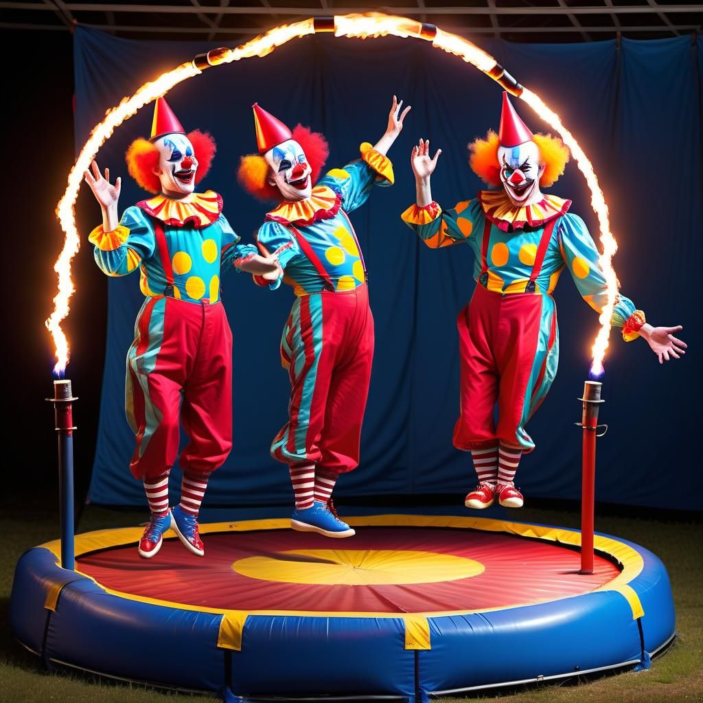 Synchronized Chaos: Circus Clowns Juggling Torches