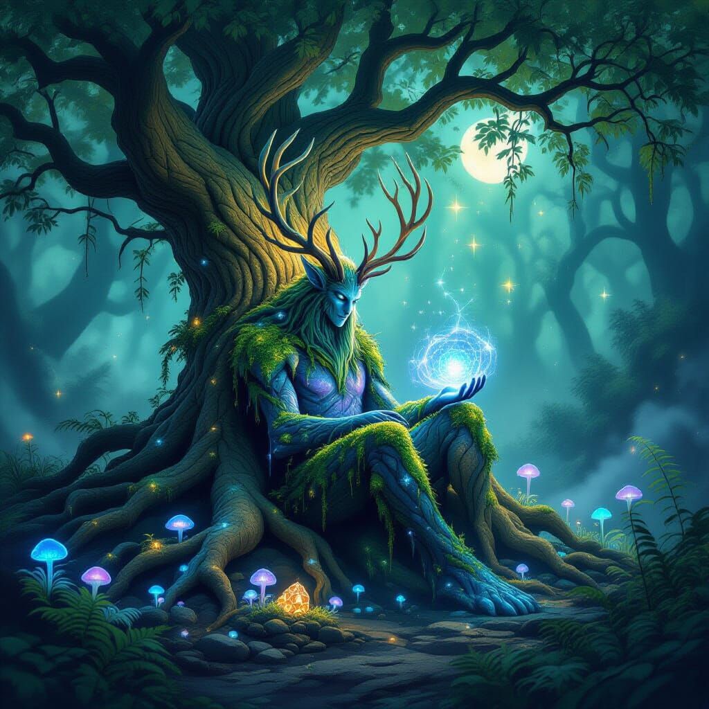 Ancient Willow Tree Guardian with Cosmic Creature