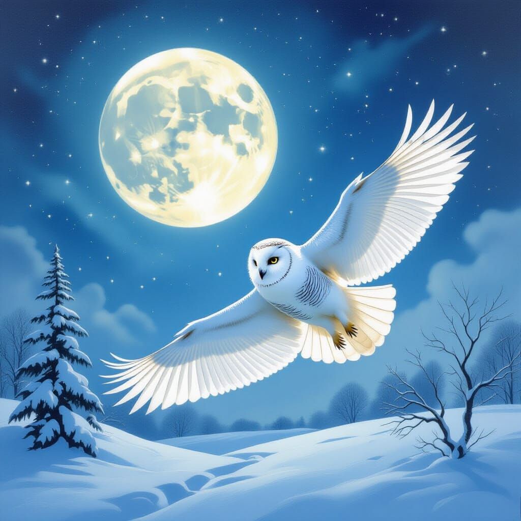 Snowy Owl in Flight Under Full Moon, Dali-esque Style