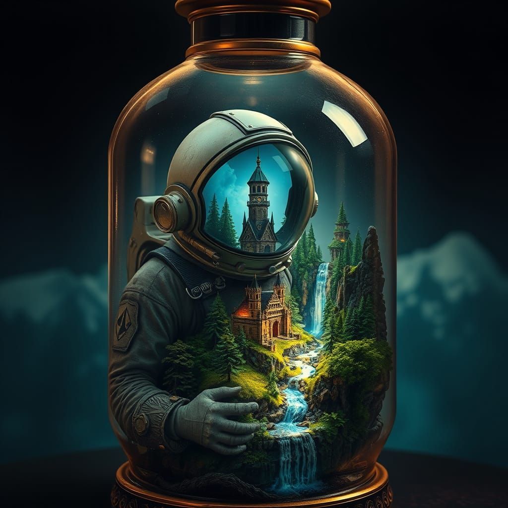 Astronaut's Mystical World in a Bottle