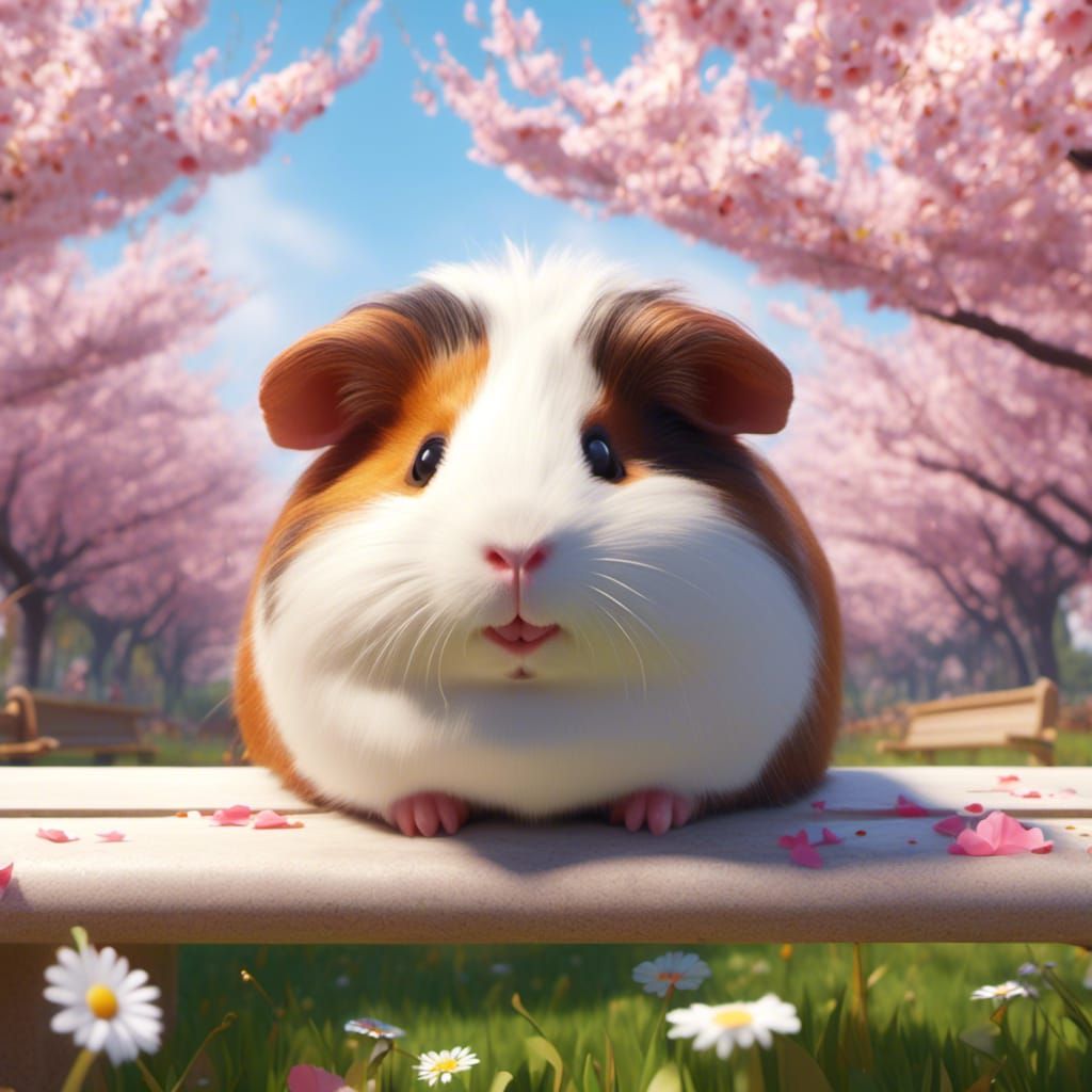 Pixar Guinea Pig with Cherry Blossoms and Daisies