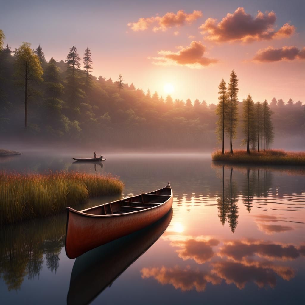 Canoe on Calm Lake at Sunrise: Fine Art Photography