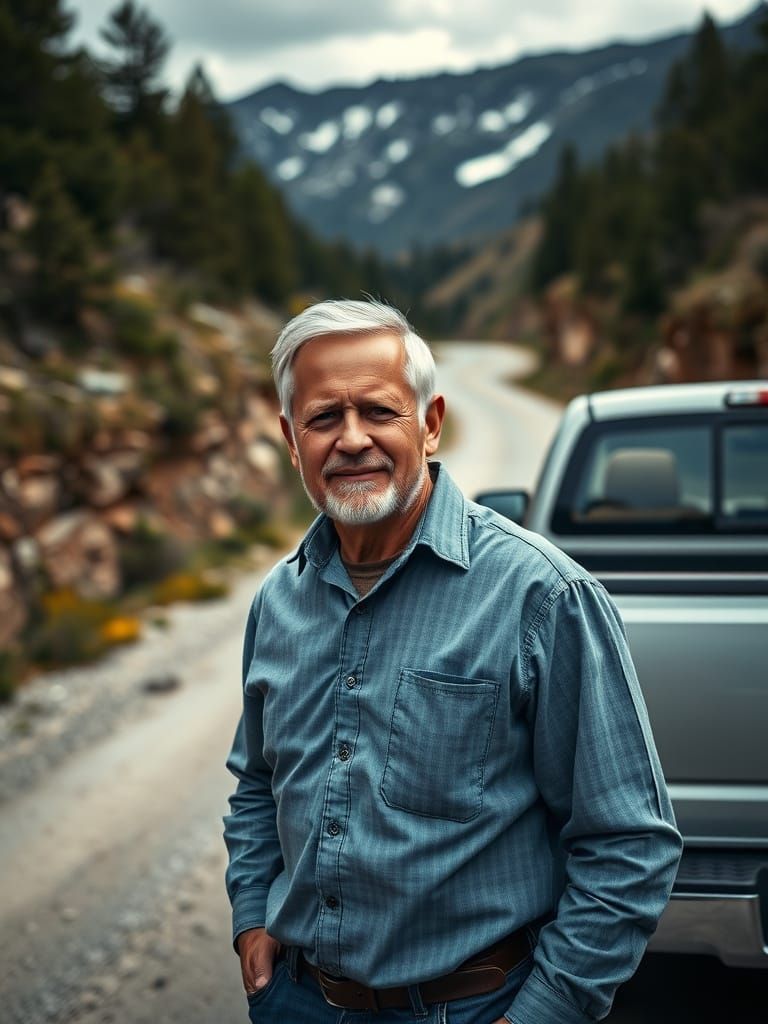 Man Standing Beside Pickup Truck on Mountain Road