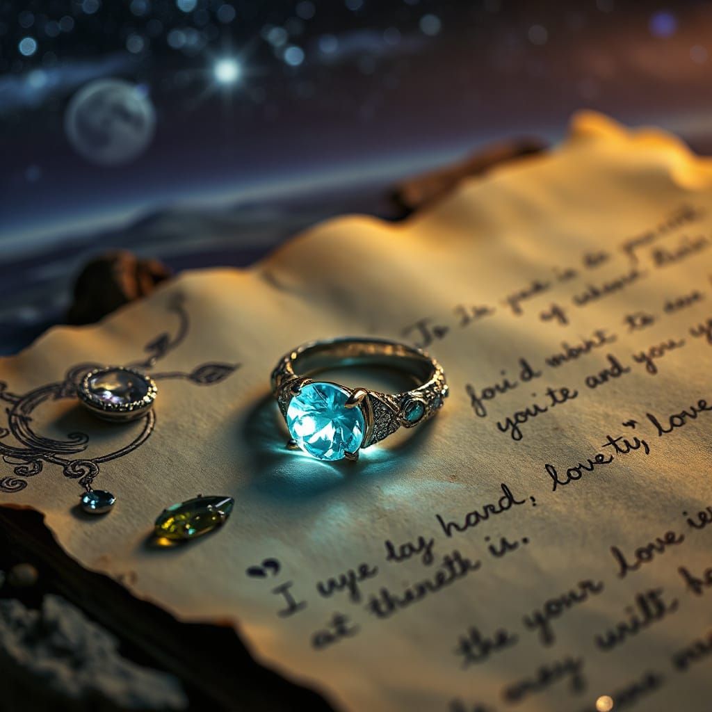 Elven Ring with Glowing Aquamarine on Ancient Parchment