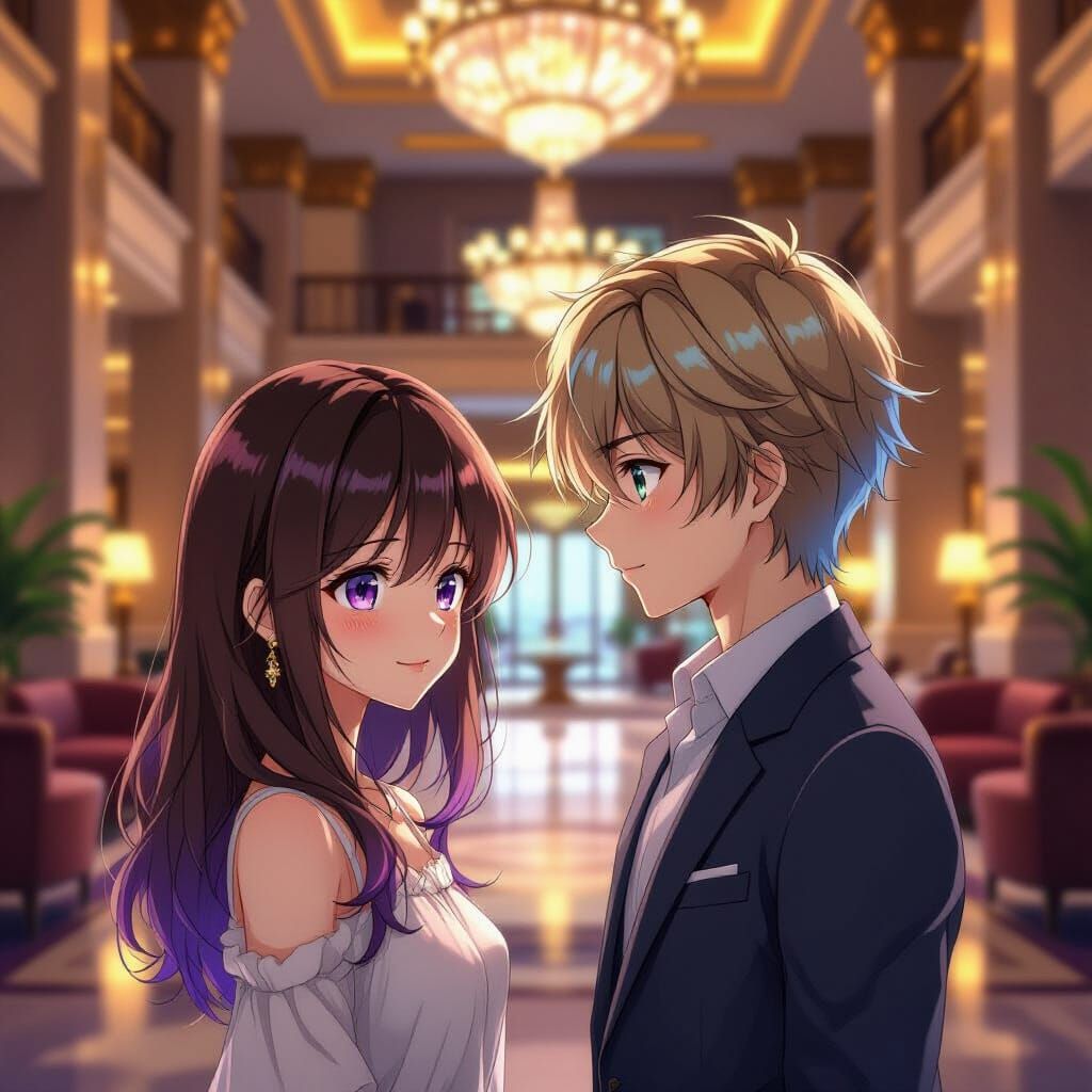 Anime Couple in Opulent Hotel Lobby