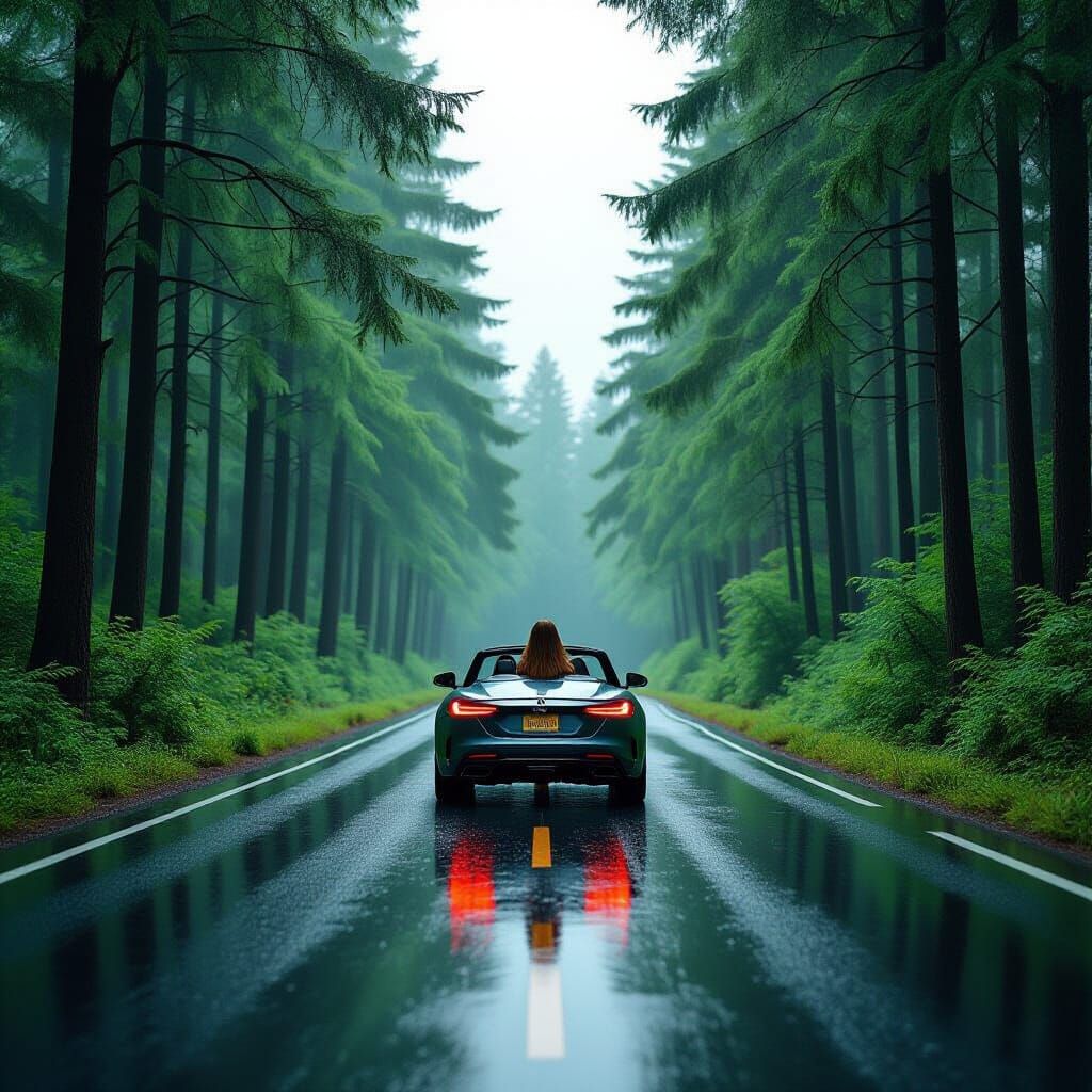 Rainy Road Through Forest: Low Angle Perspective