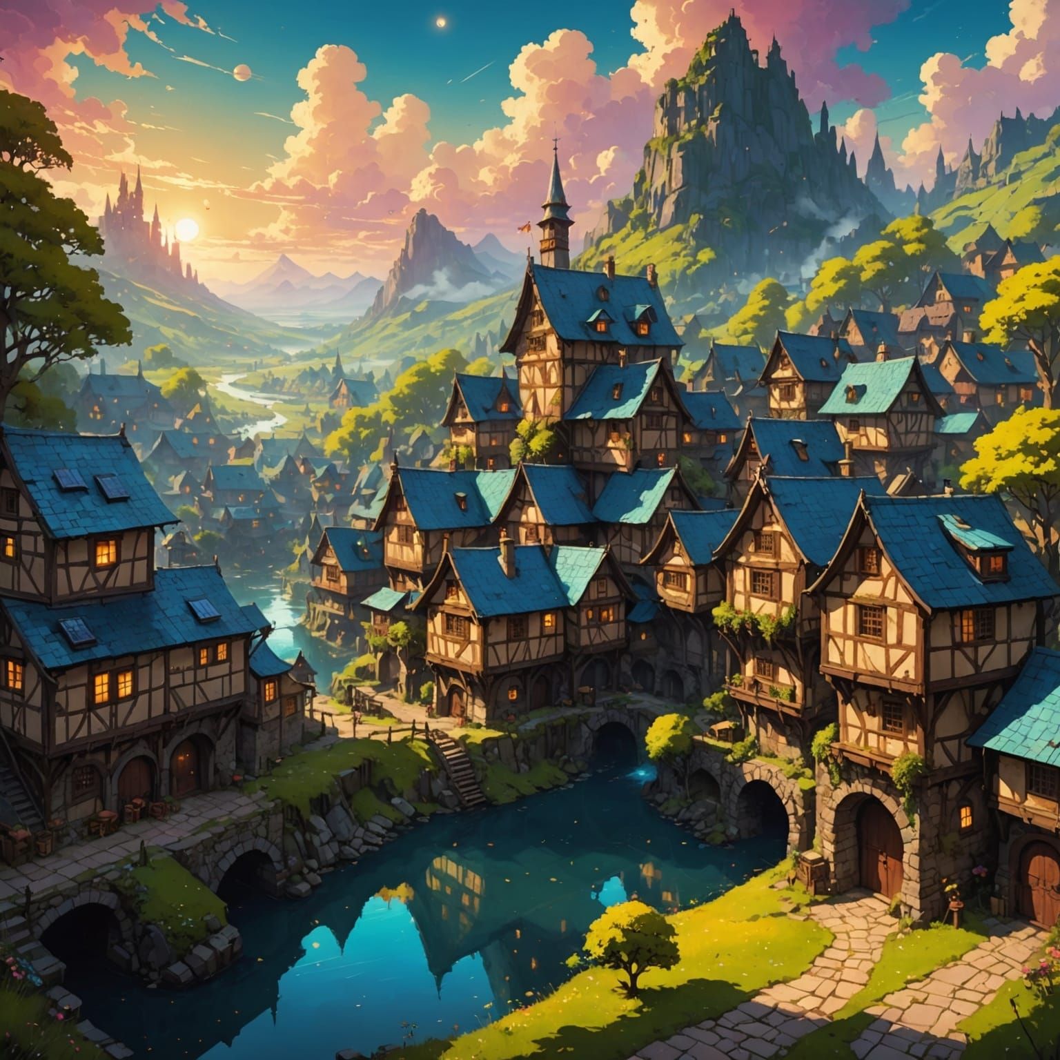 Vibrant Solarpunk Village Scene in Dreamy Fantasy Style