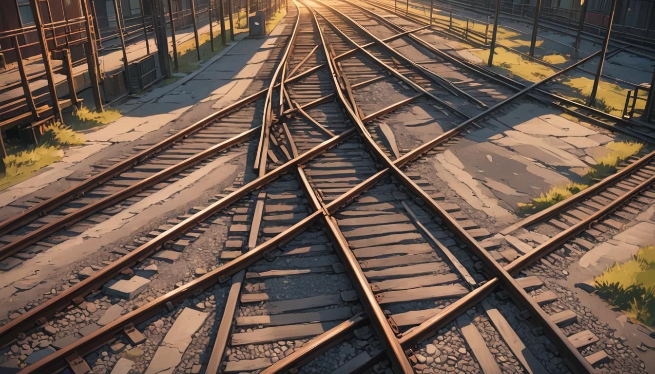 Train Tracks at Sunset in Anime Style