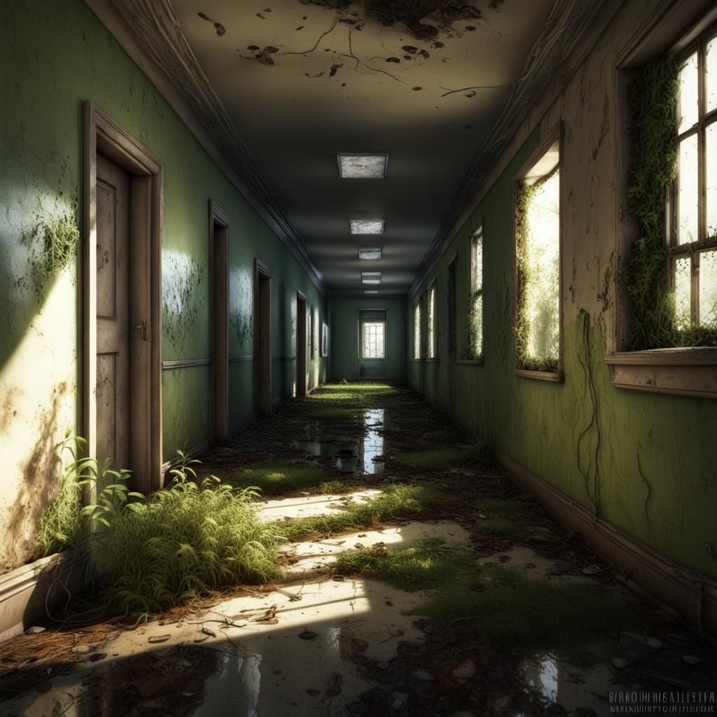 Haunted Asylum Corridor with Ghost in Photorealistic Style
