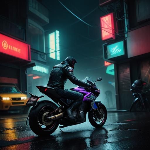 Cyberpunk Vigilante Motorcycle Chase in Rainy City