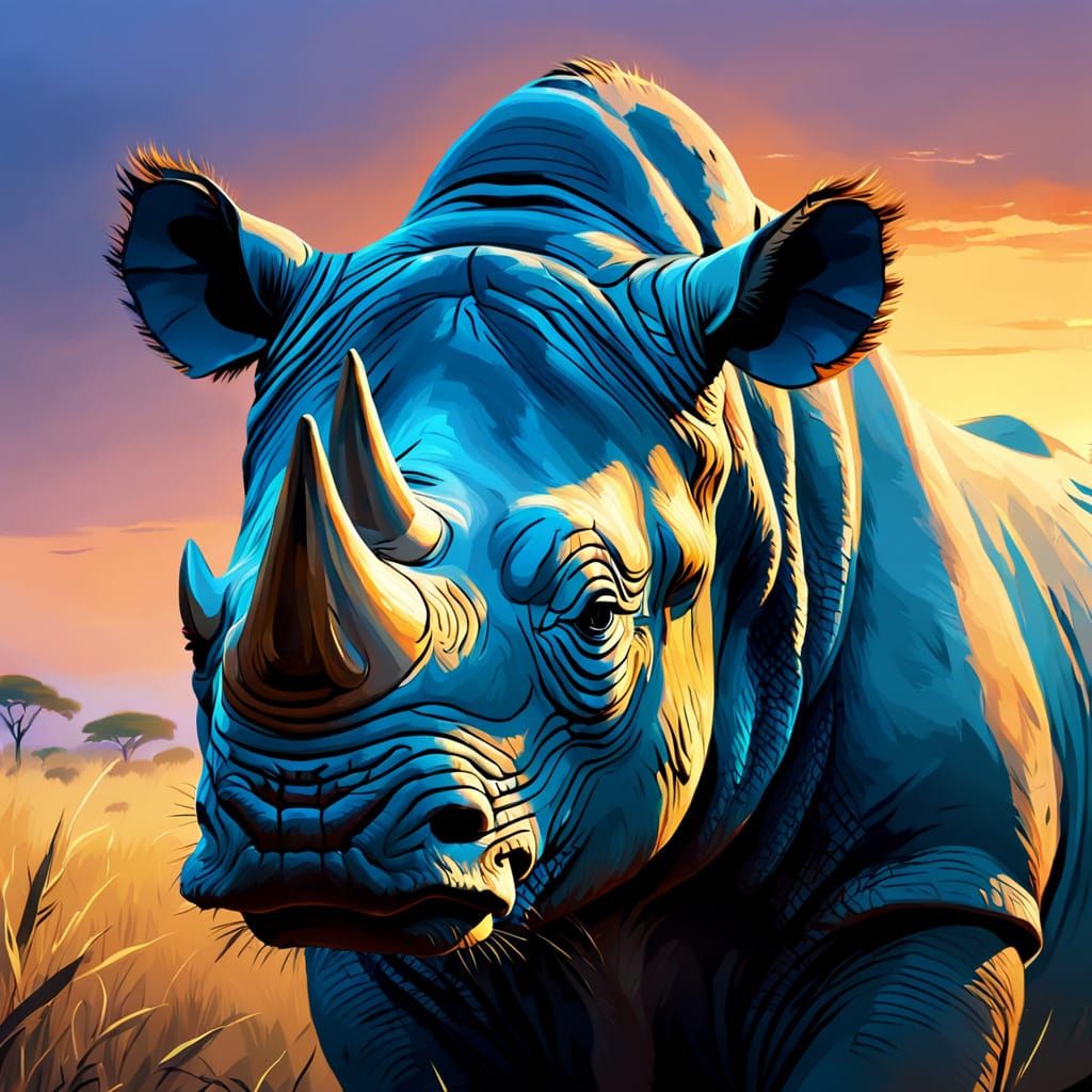 Azure Rhino in Twilight: Vibrant Oil Painting