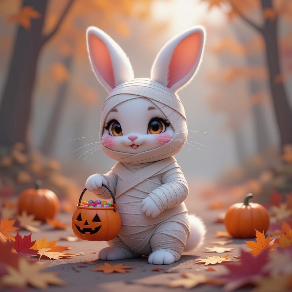 Cute Mummy Rabbit with Pumpkin Bucket in Dreamy Autumn Mist