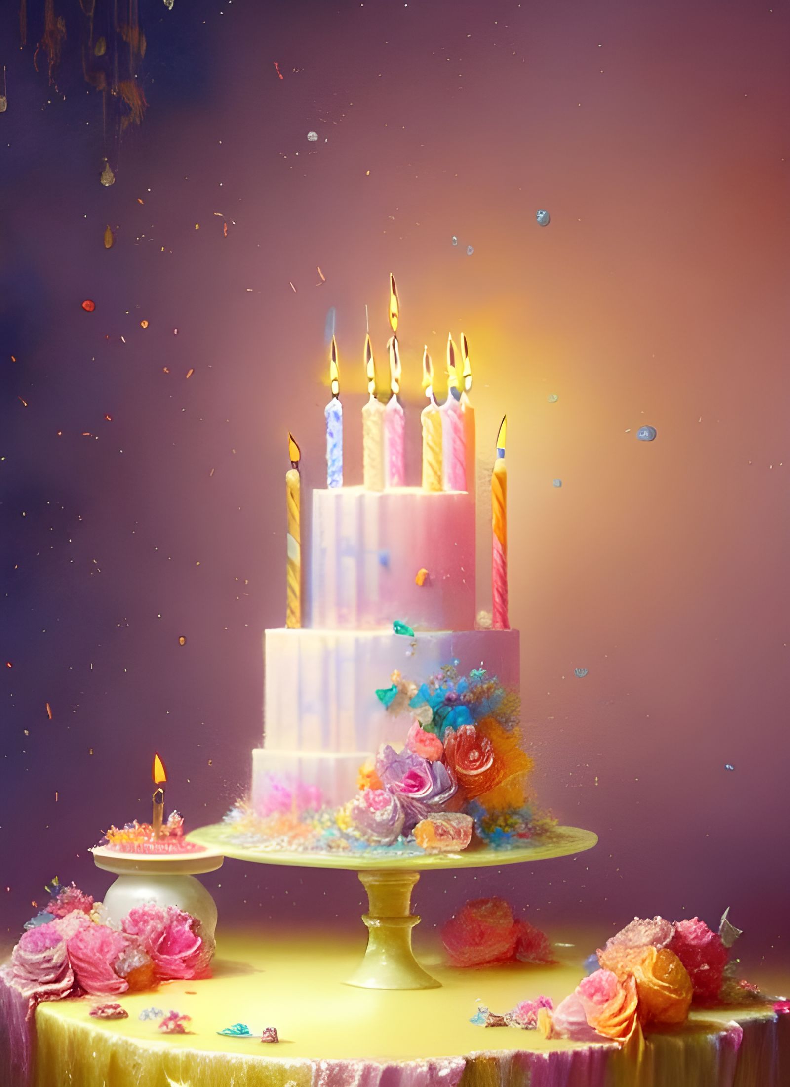 Ethereal Birthday Cake with Candles in Watercolor
