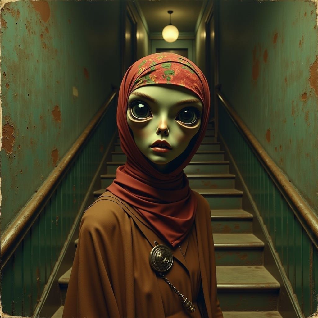 Alien in Soviet Stairwell, Surreal Oil Painting Style