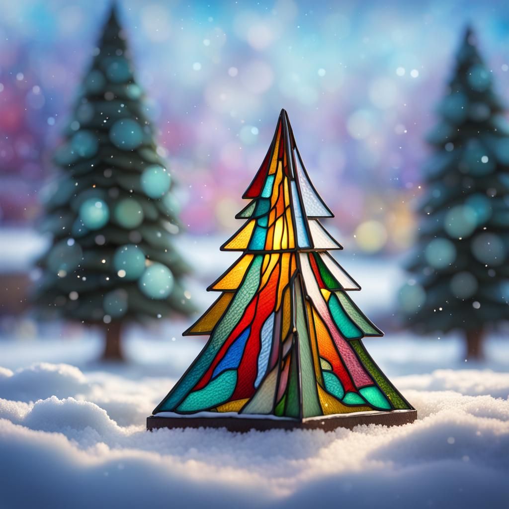 Stained Glass Christmas Tree in Snow, Hyperrealistic Art