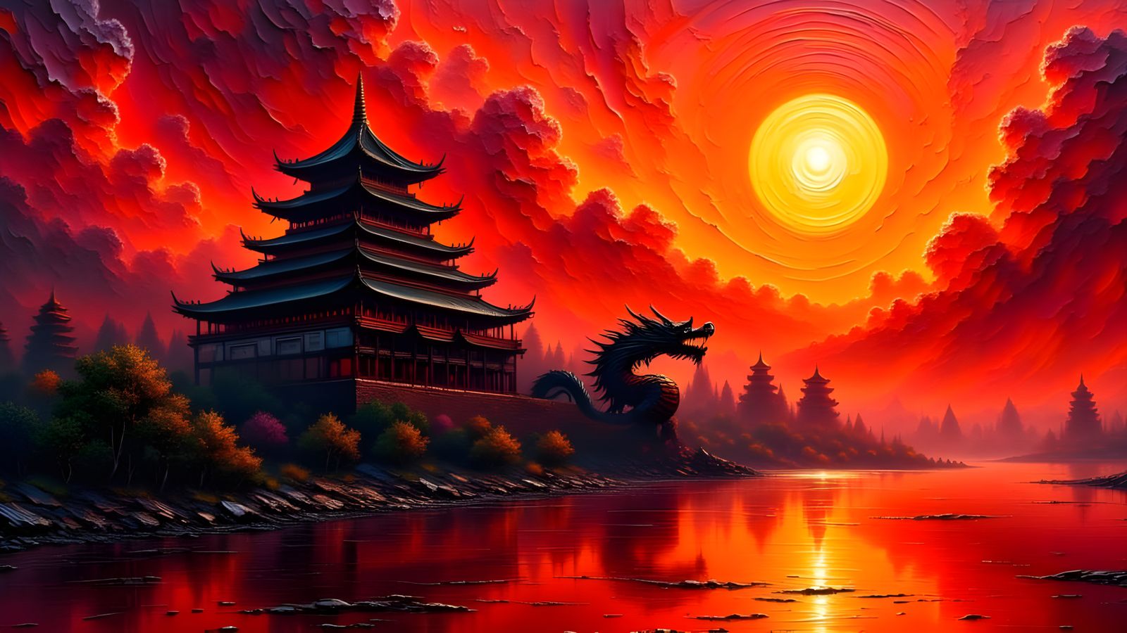 Dragon Guards Chinese Palace in Crimson Storm