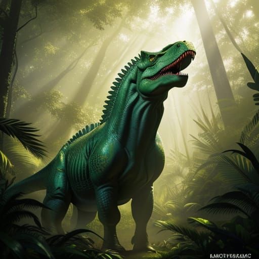 Dinosaur in Lush Forest: Hyperrealistic Concept Art