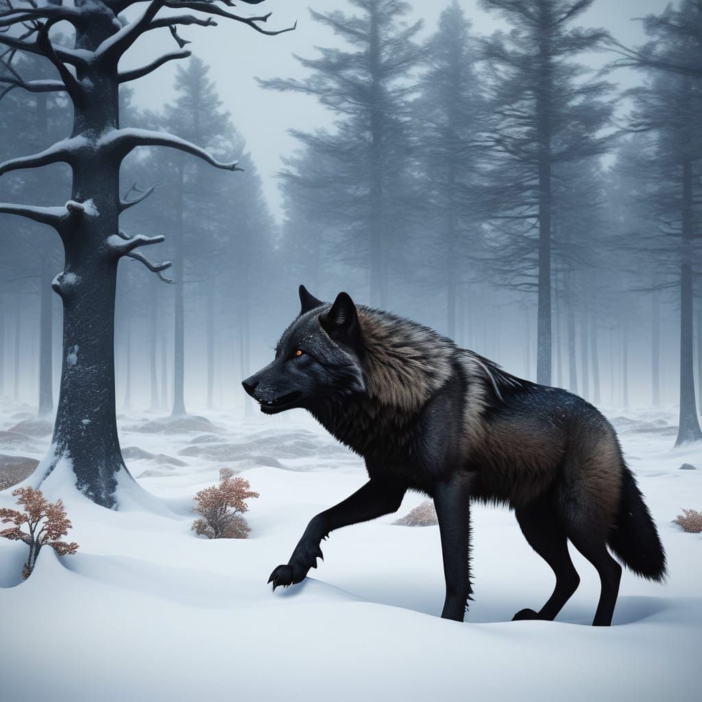 Sleek Arctic Wolf in Mid-Pounce Amidst the Frosty Wilderness