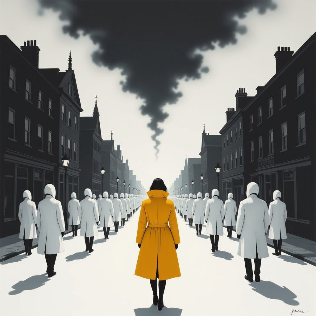 Woman in Yellow Coat in Surreal Monochrome World