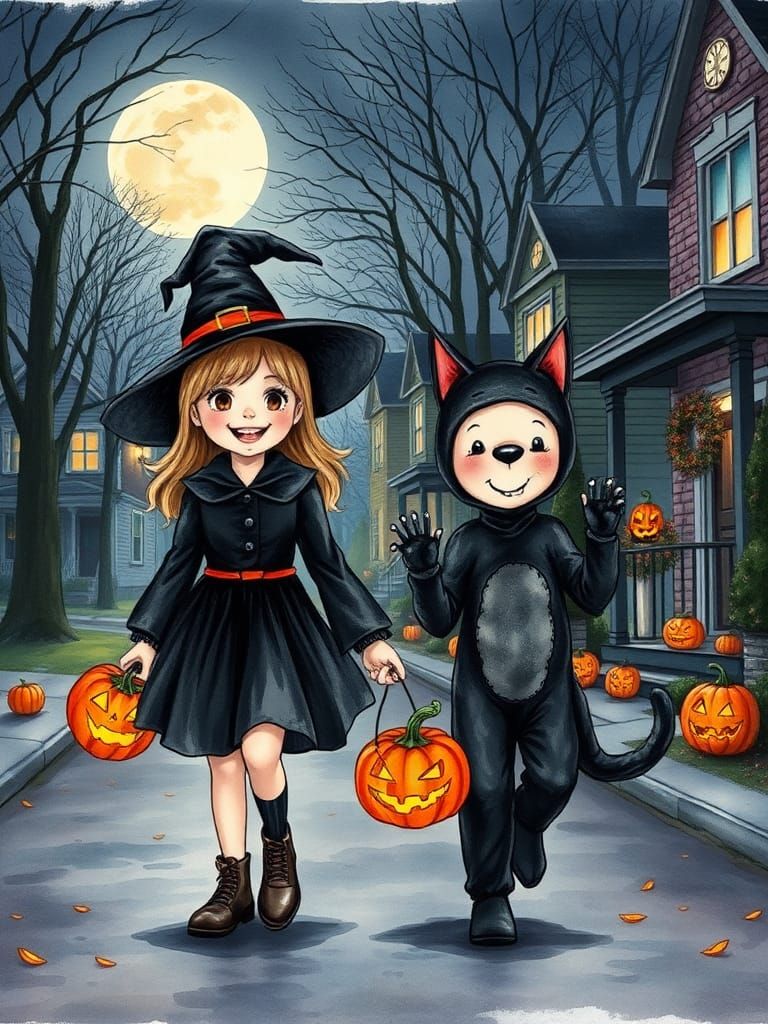 Halloween Night: Children Trick-or-Treating, Ink and Waterco...