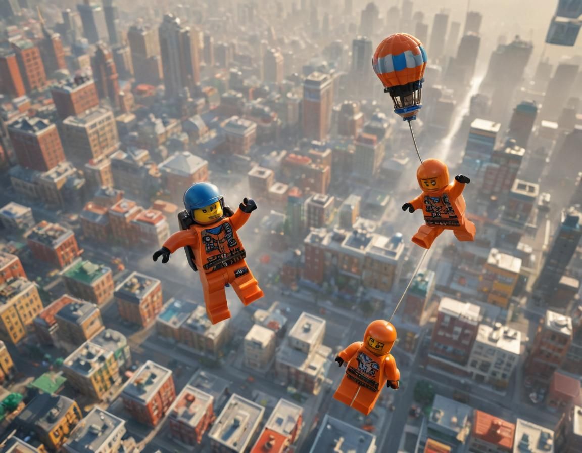 LEGO Skydiver's Descent into DUPLO City: Hyper-Realistic Art