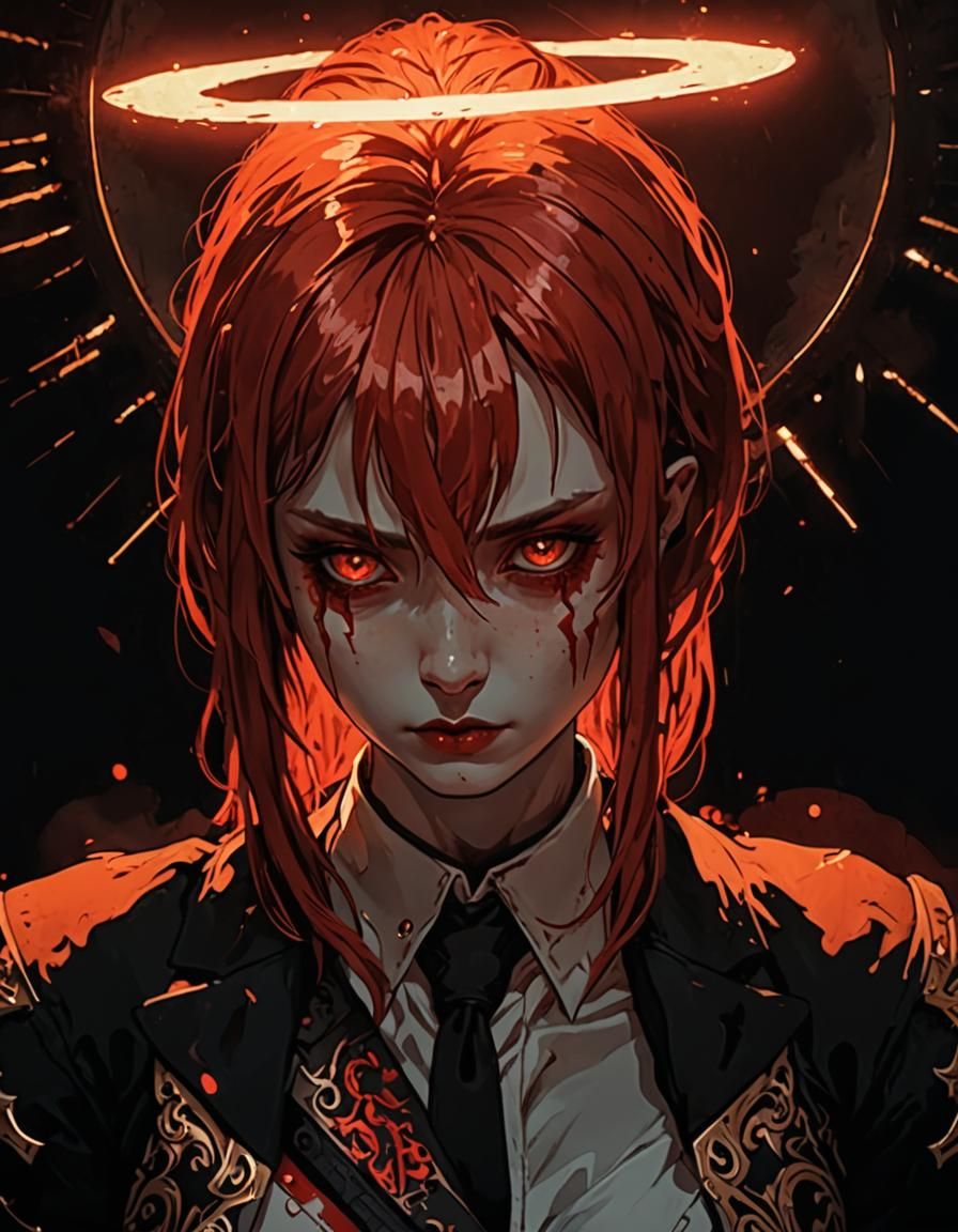 Makima on White Horse with Blood Halo