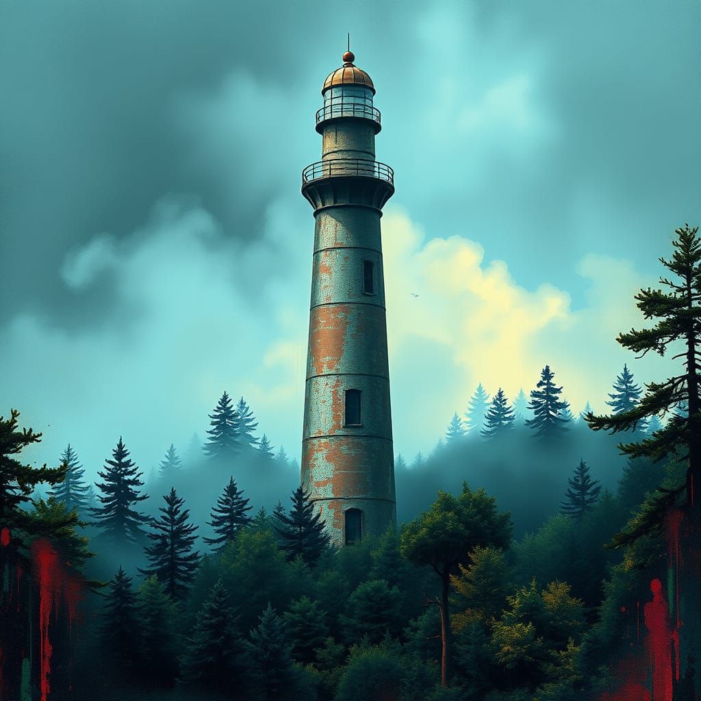 Foggy Forest Lighthouse in Vibrant Graffiti Art Style