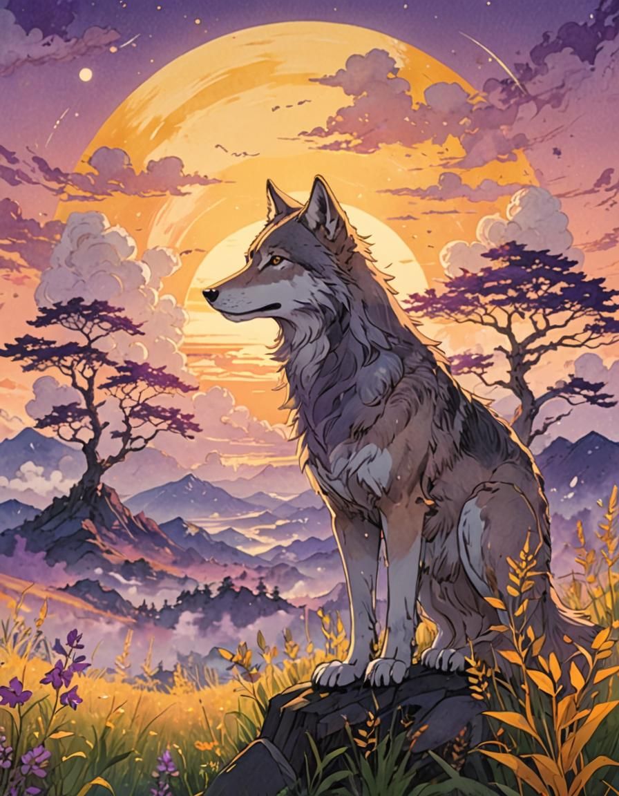 Anime Wolf in Wild Nature Scene