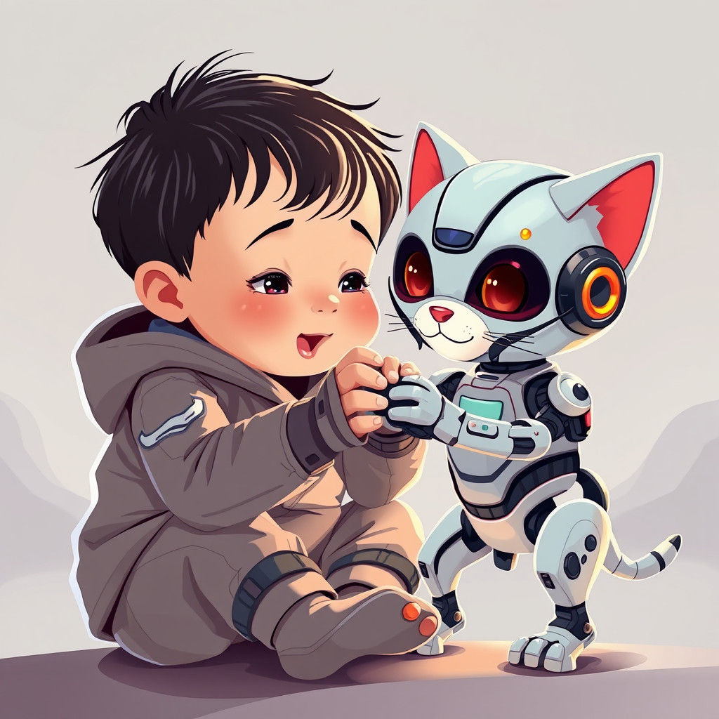 Toddler and Robot-Cat in Stylized Digital Art