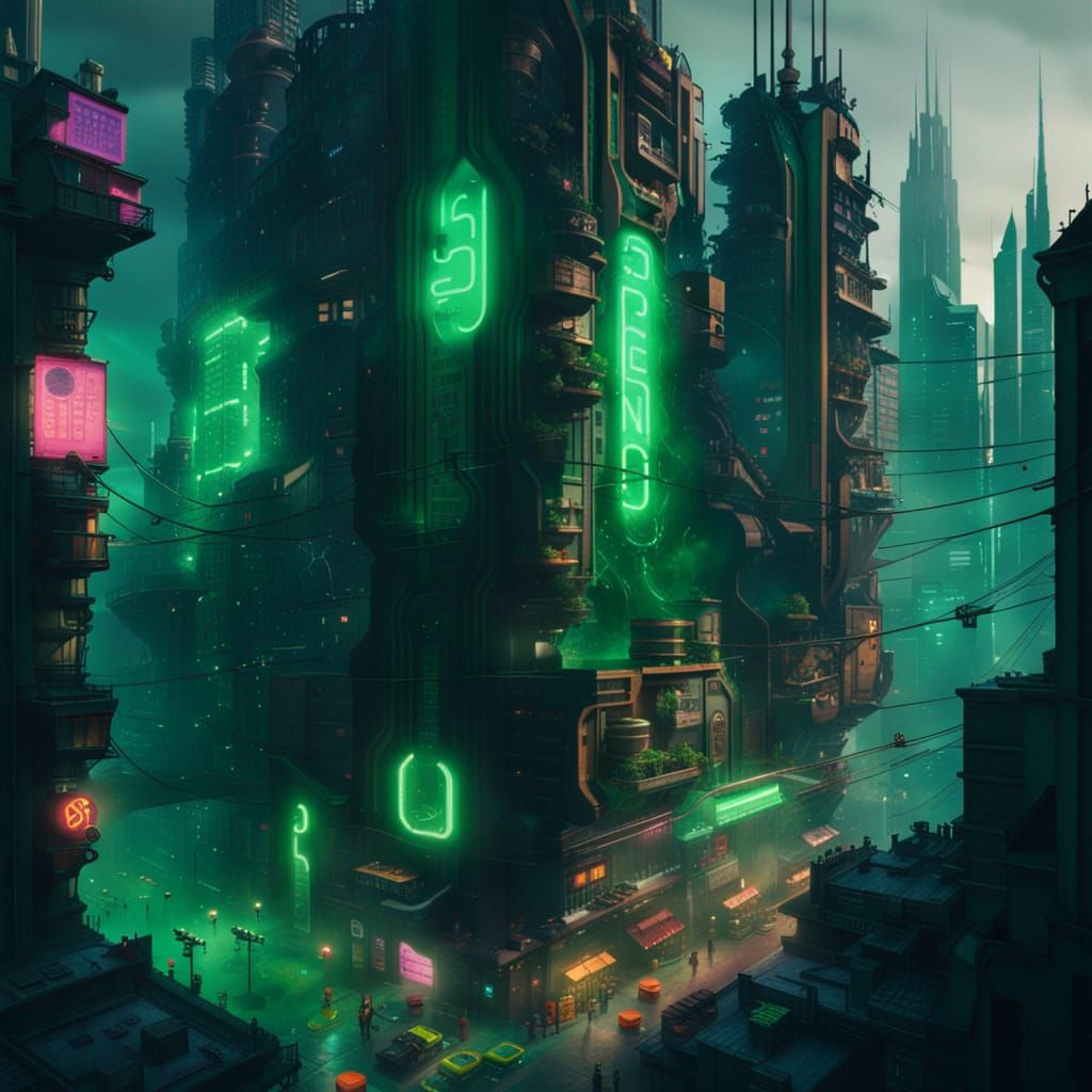 Futuristic Cyberpunk Cityscape with Green Smoke
