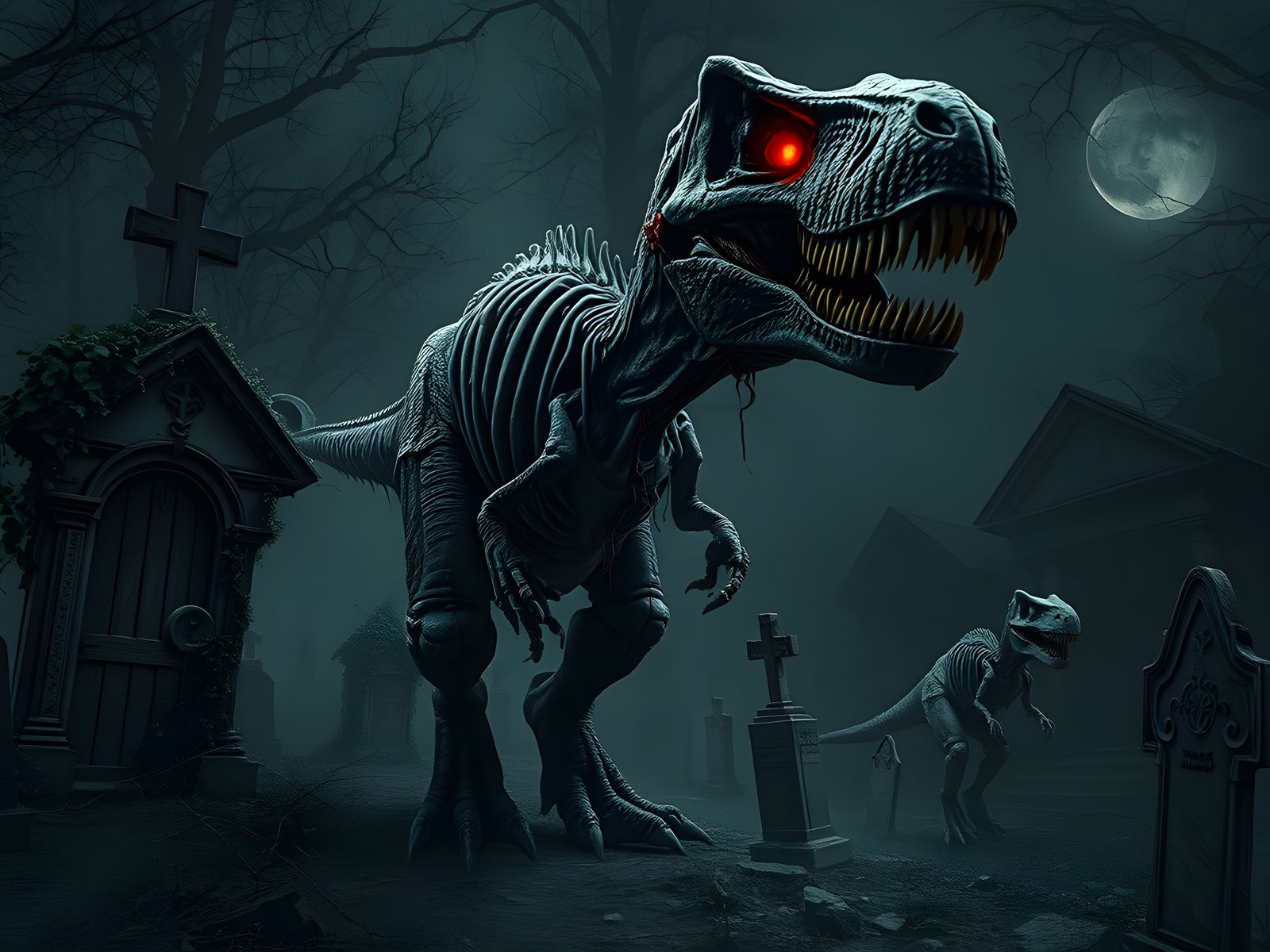 Zombie Tyrannosaurus Rex in Gothic Cemetery