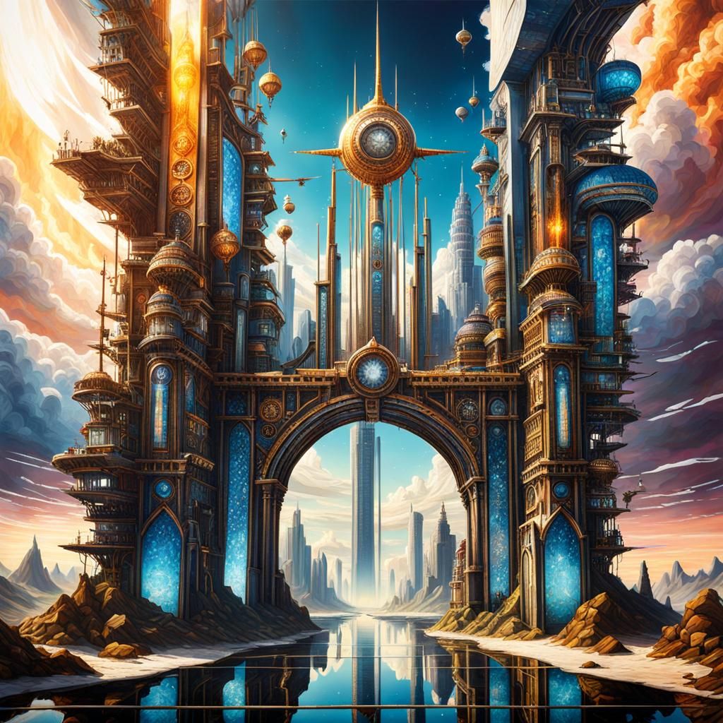 Skypunk Wasteland: Mythical Gateway in Mosaic Art Style