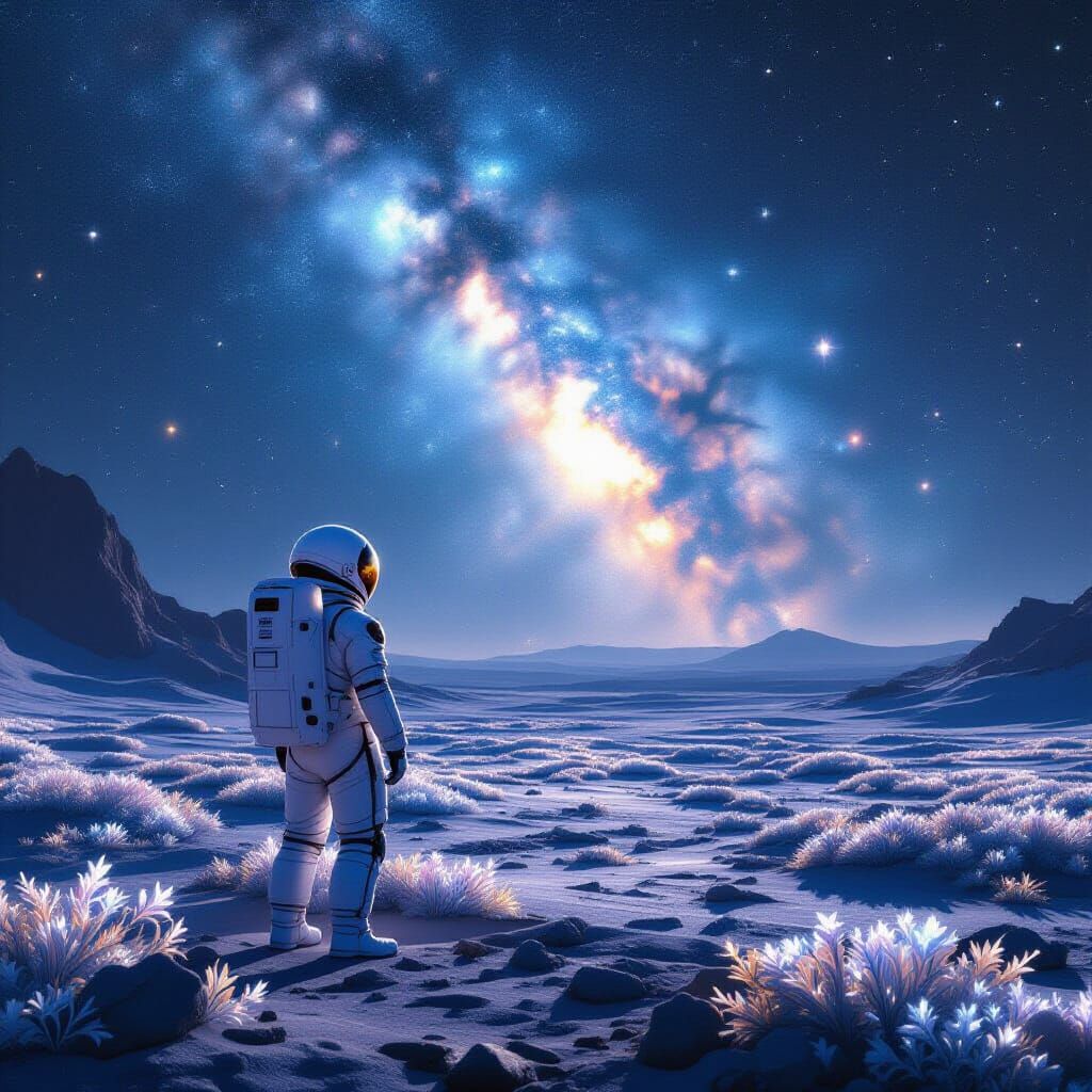 Astronaut Gazes at Crystalline Nebula on Alien Planet