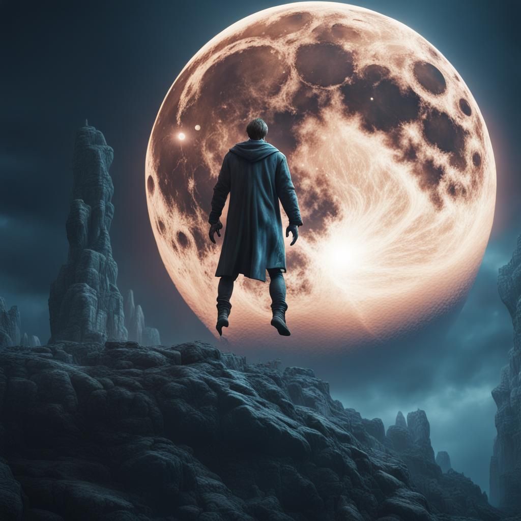 Supernatural Figure Floating Before Giant Moon