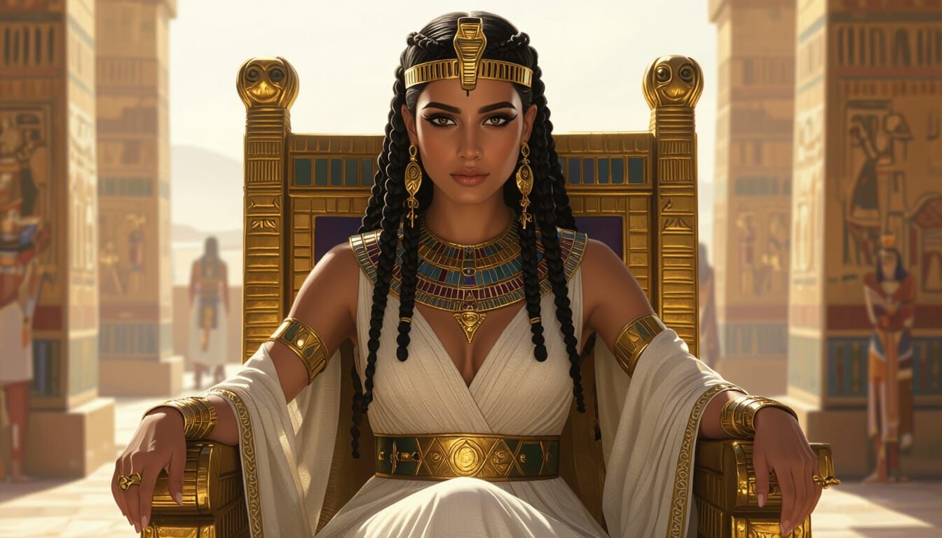 Regal Woman on Golden Throne in Egyptian Palace