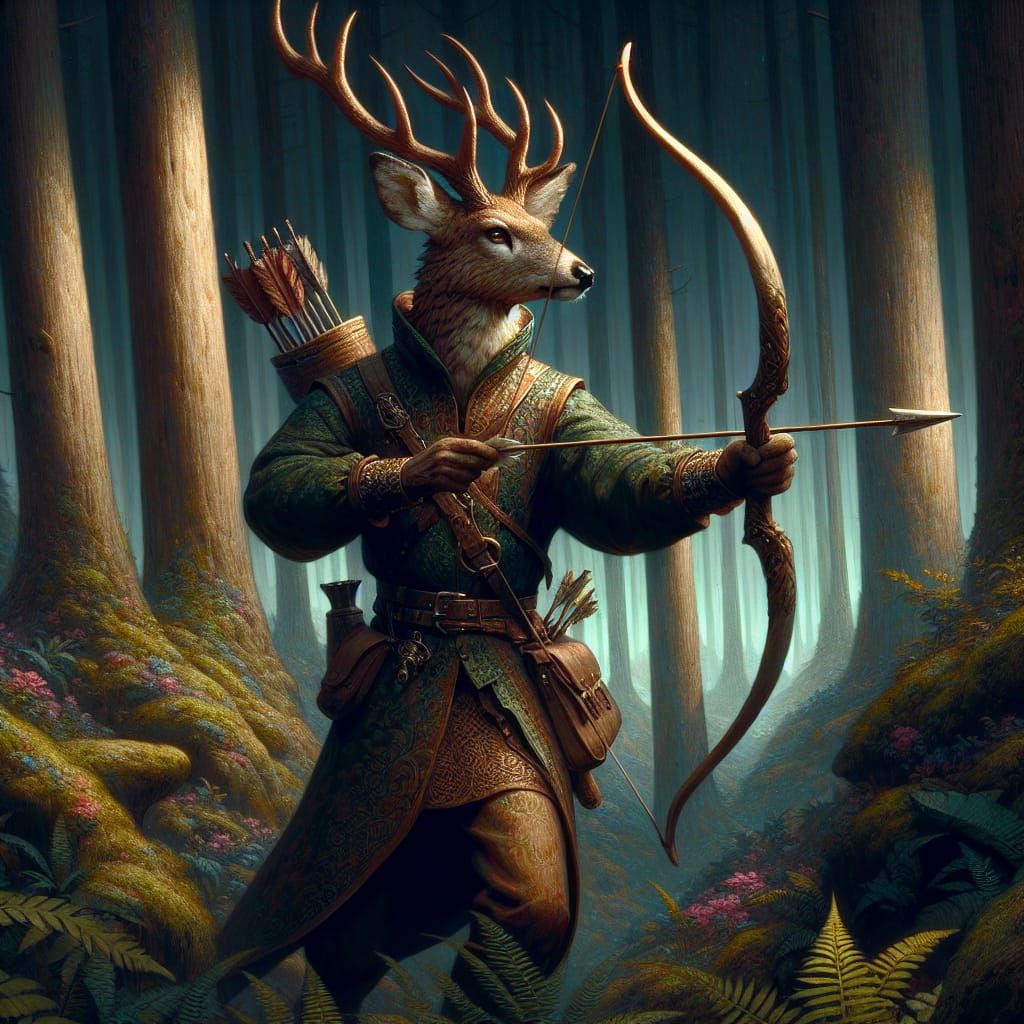 Anthropomorphic Deer Hunter in Nocturnal Forest: Fantasy Art