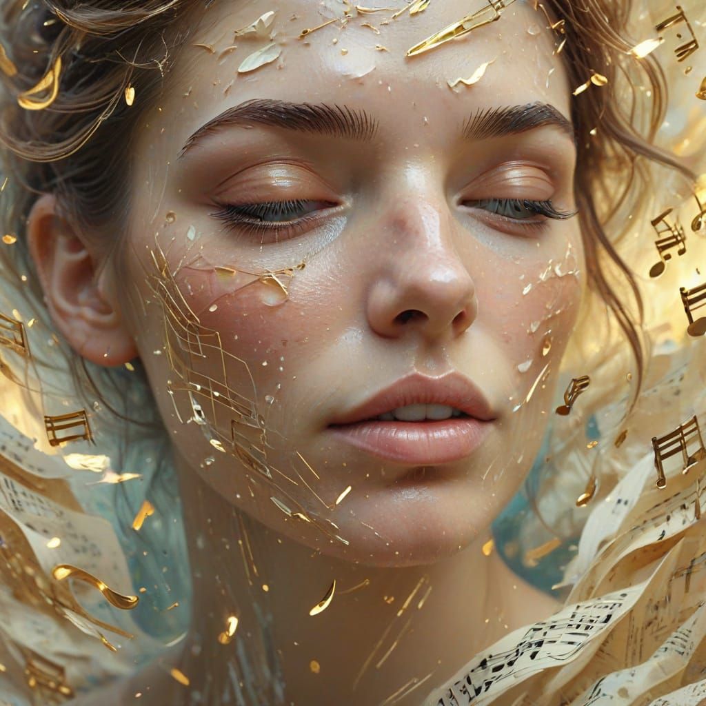 Surrealism. Close-up. A person's face, eyes closed, tears streaming down, surrounded by floating musical notes and sheet...