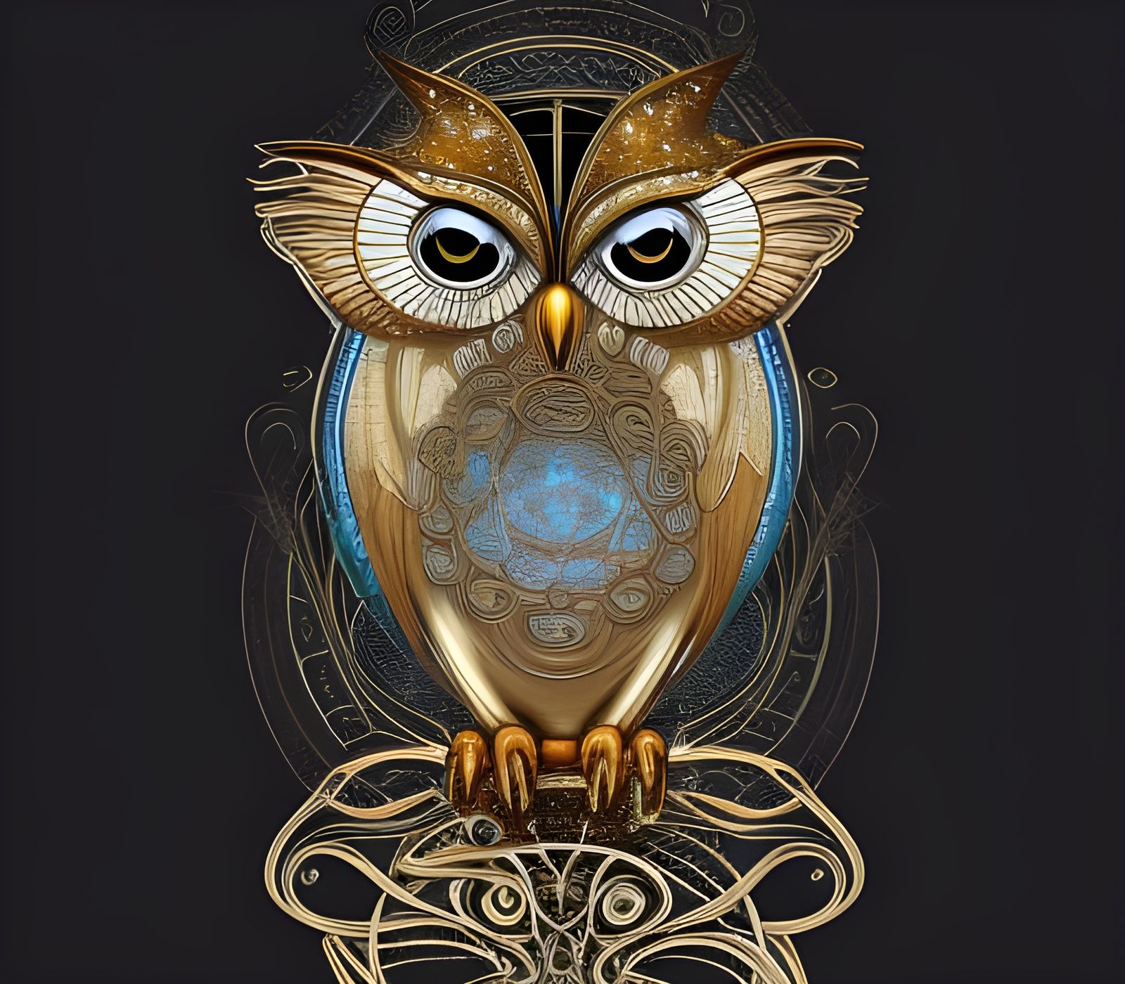 Art Nouveau Steampunk Owl with Gold Glitter