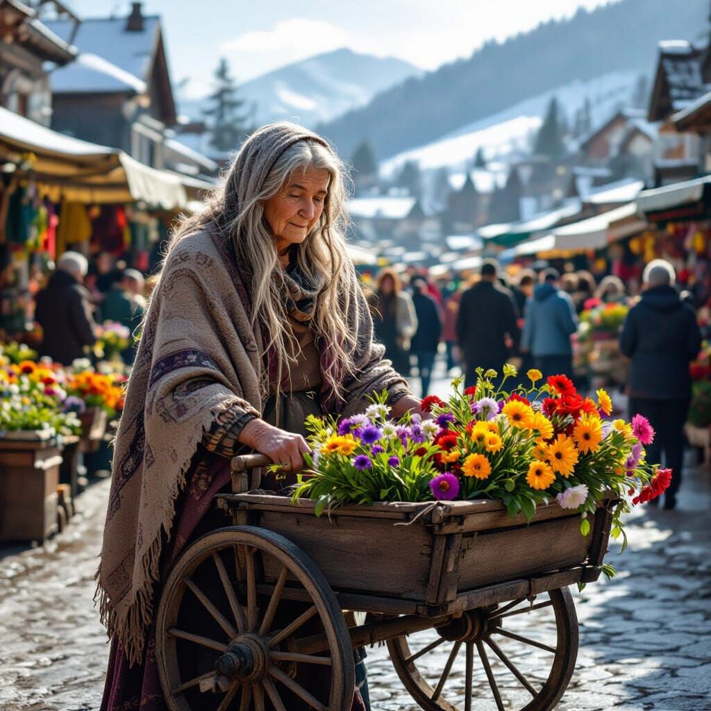Elderly Flower Seller in Snowy Market Square