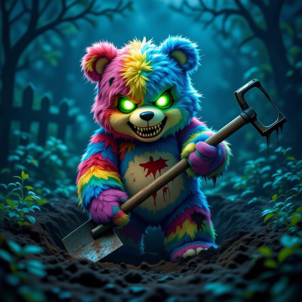 Creepy Care Bear Digs Hole in Misty Garden at Night