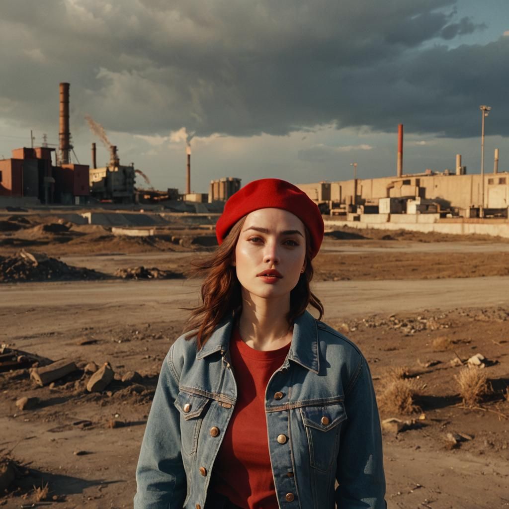 Triumphant Woman with Red Flag, Cinematic Still