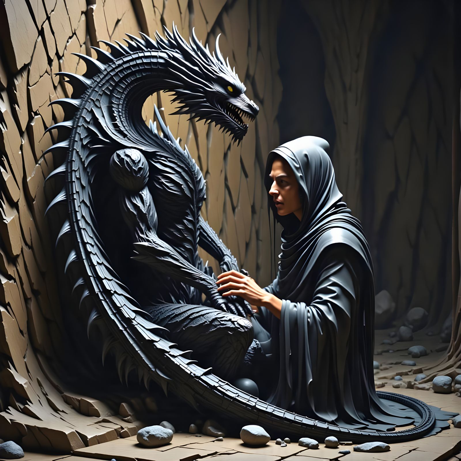 Mystical Black Dragon Emerges from Ancient Obsidian