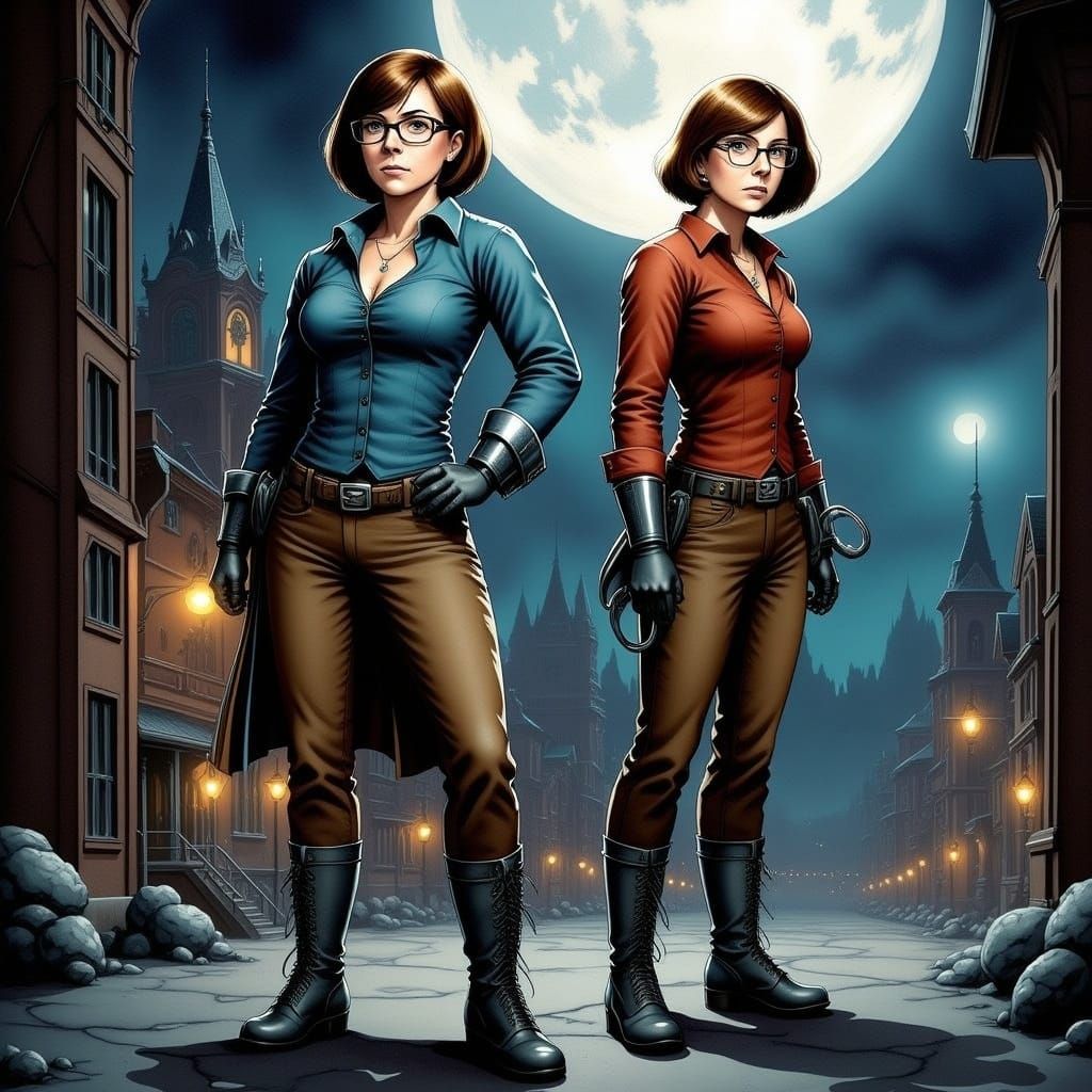 <lora:Velma:1.0> Cyborg Velma Dinkley with cyborg great Dane by her side, under a full moon both have magnifying glass e...