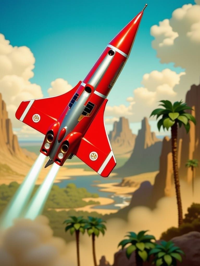 Retro-Futuristic Thunderbird 3 Launch in Art Nouveau Style