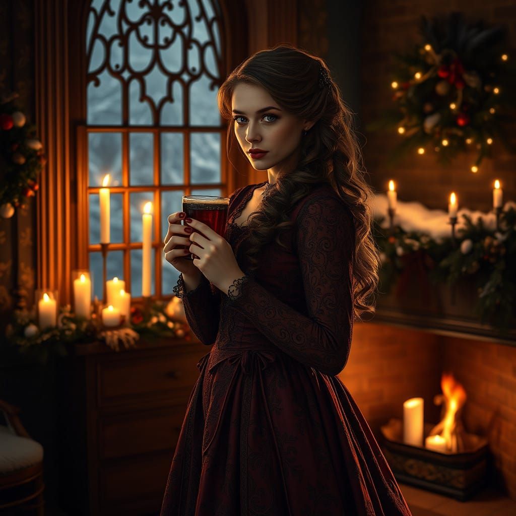Victorian Christmas Scene with a Beautiful Woman