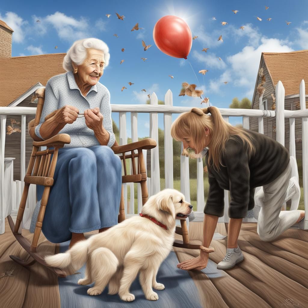 Young Girl Comforts Elderly Woman with Puppy