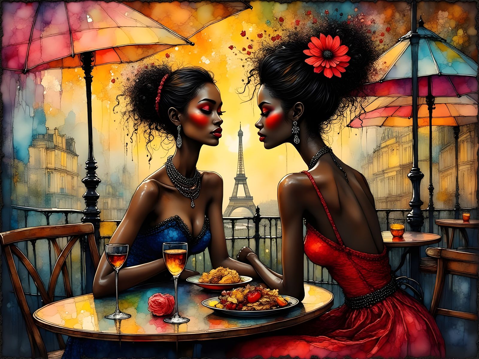 Elegant Parisian Women in Surreal Cafe Scene