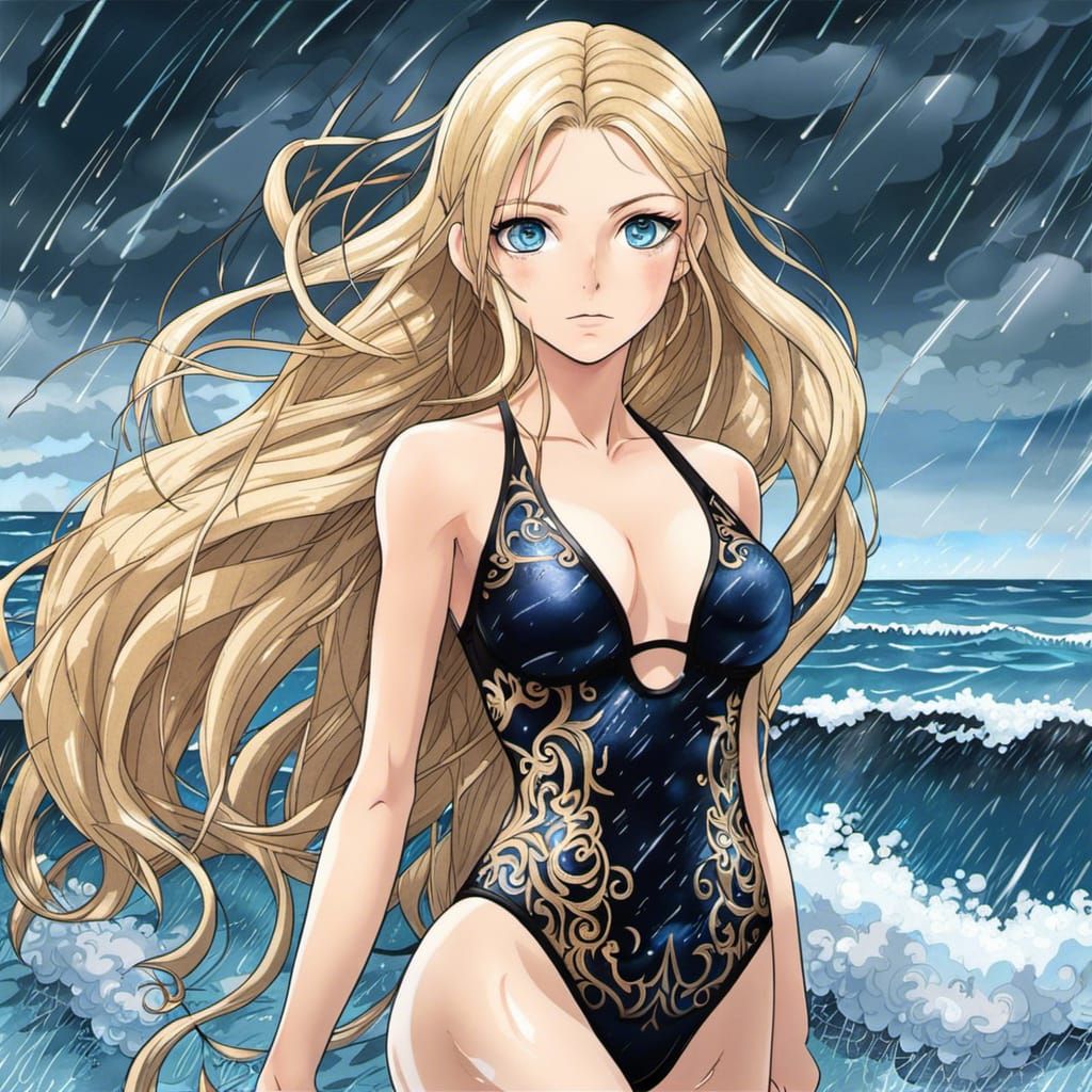 Anime Woman on Beach in Rain, Detailed Portrait